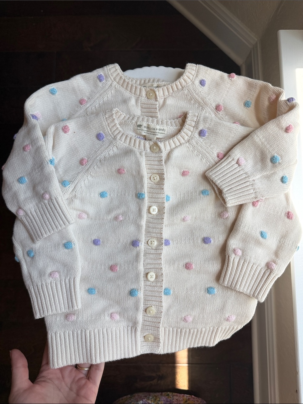 TWIN 2T Girls Cream & Purple Pink Pastel Polka Dot Knit Cardigan Sweaters